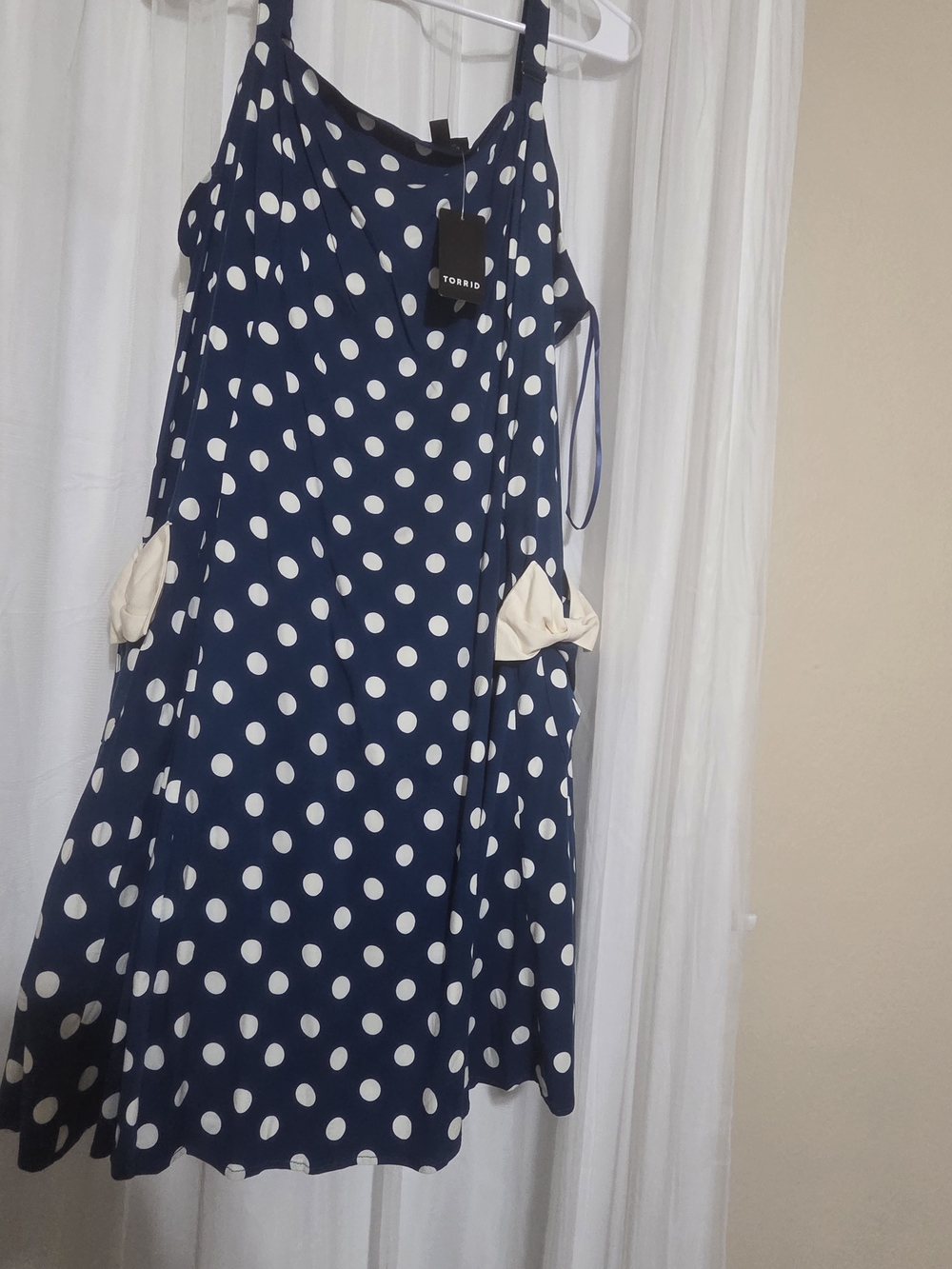 torrid Navy and White Polka Dot Sundress with Cream Bow Pockets